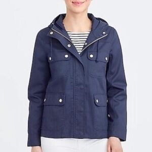 J. Crew Women’s Navy Blue Resin-Coated Twill Hooded Field Jacket